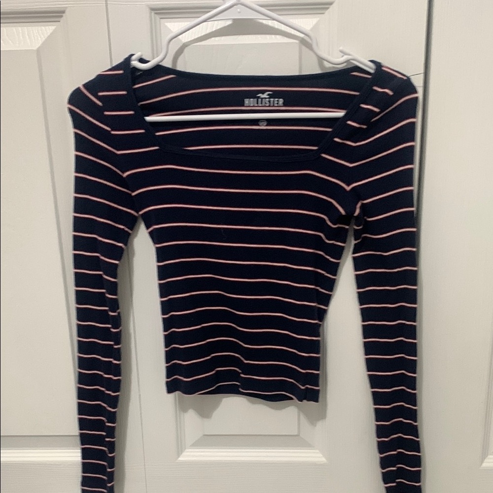 Hollister Blue and White Ribbed Long Sleeve Bodysuit